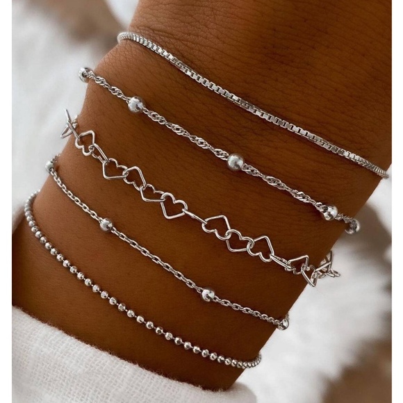 Dainty Silver Tone Heart Bead Chain Bracelet Set - Picture 1 of 4